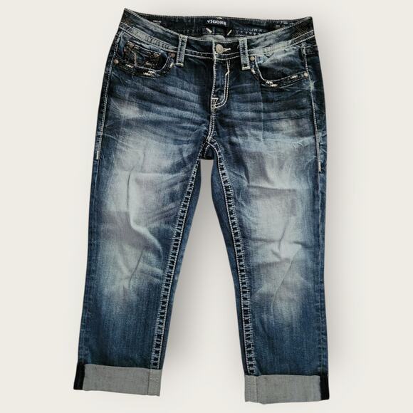 Vigoss Dallas Capris Juniors Sz 7 Blue Denim Embroidered Heritage Fit Studded - Picture 1 of 10